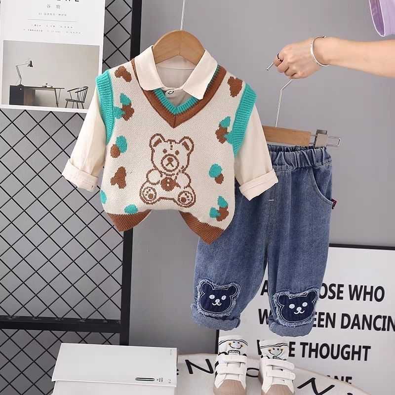 P Boys Spring Knitted Baby Shirt Boys Autumn and Winter Shirt Boys Baby Long Sleeve Three-piece Set Children