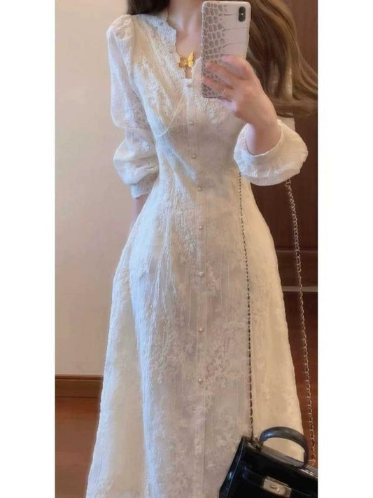 P French gentle wind super good-looking V-neck lace long-sleeved dress small man unique beautiful waist dress