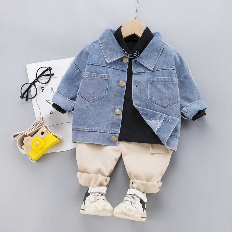 A children's clothing autumn new boys and girls denim jacket three-piece cotton T blood trousers set