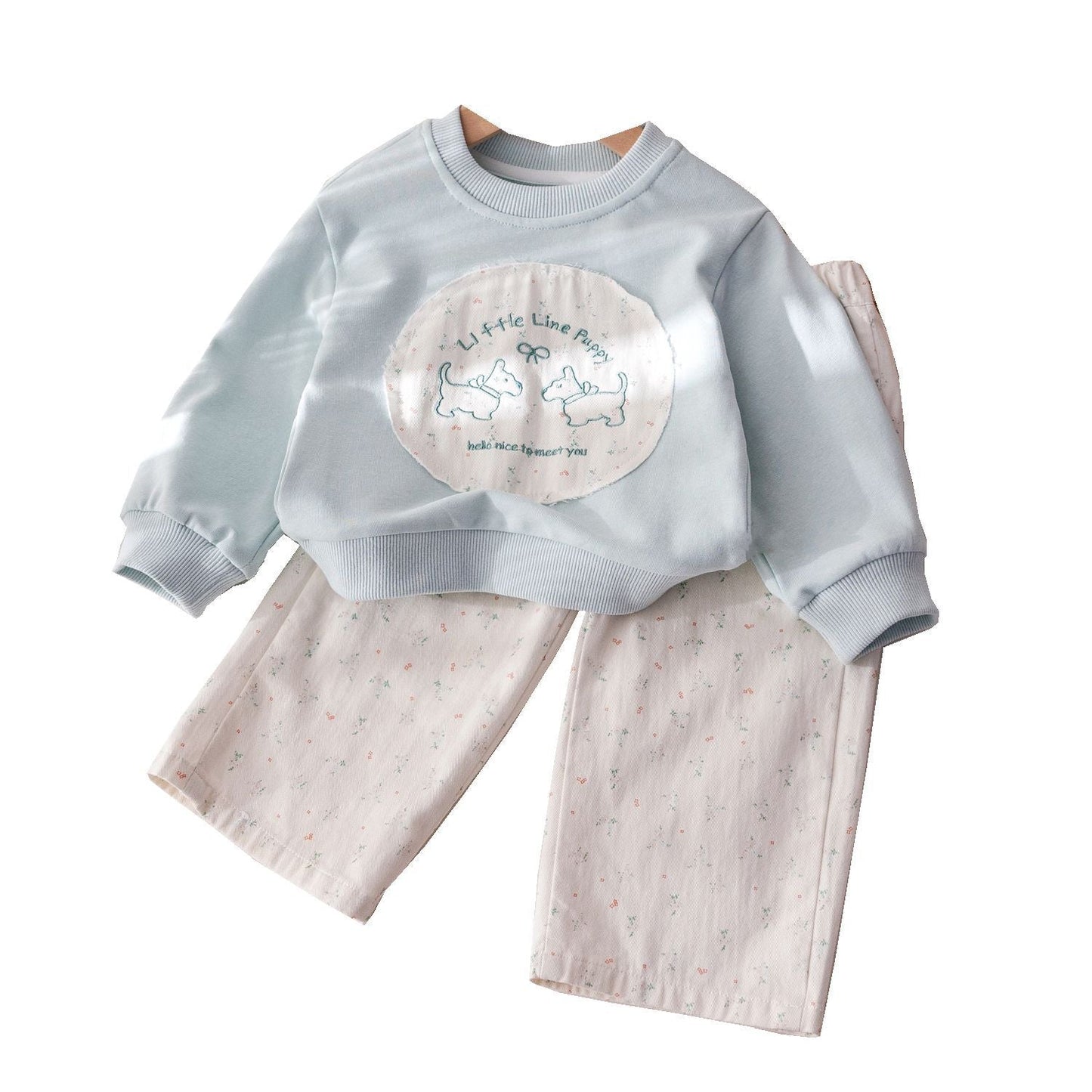 P girls spring and autumn new suit sweet and cute embroidered patch sweater foreign style floral loose straight pants two-piece set