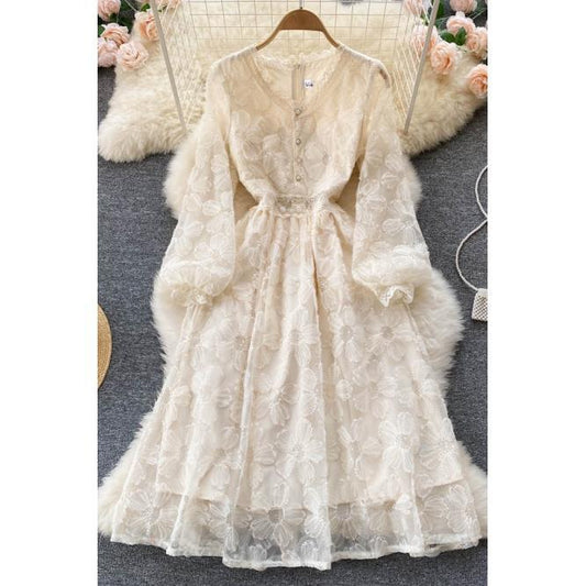 P Gentle Wind Feminine Flavor Waist Skinny Long Sleeve First Love Skirt A-word Skirt Elegant Temperament V-Neck Lace Even...