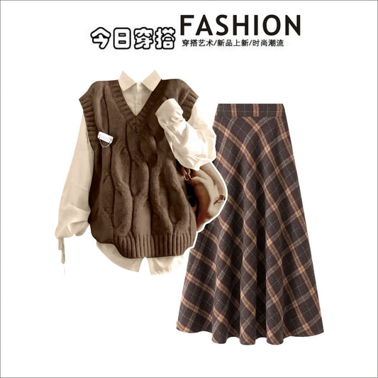 P vest shirt skirt three-piece set