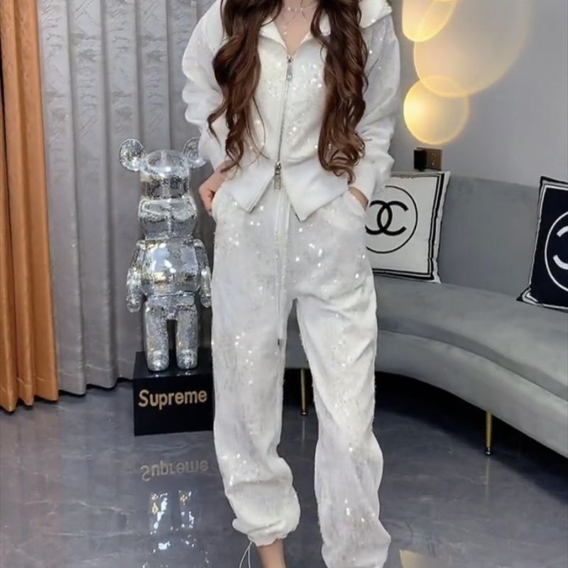 A Heavy Industry Velvet Sequin Double Pull Lock Foreign Style Age Reduction Skinny Top Plus Pants Suit Women