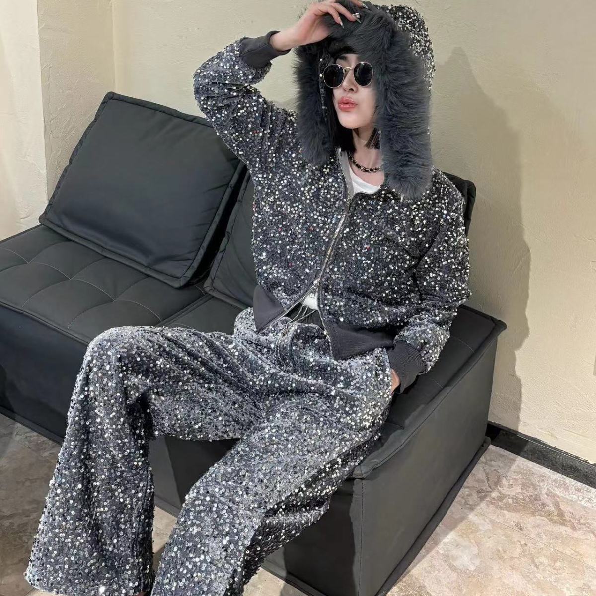 P Heavy Industry two-piece set winter velvet thickened fox fur collar removable sequined cardigan jacket wide-leg pants