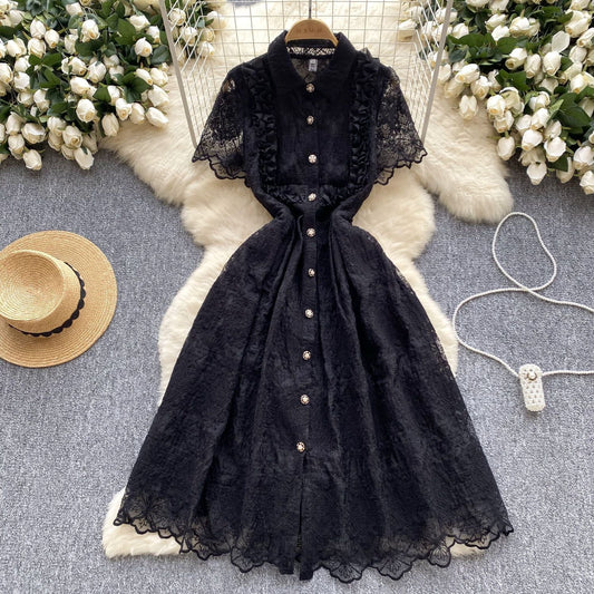 P French retro elegant heavy industry lace embroidery lapel single-breasted waist slim temperament dress...