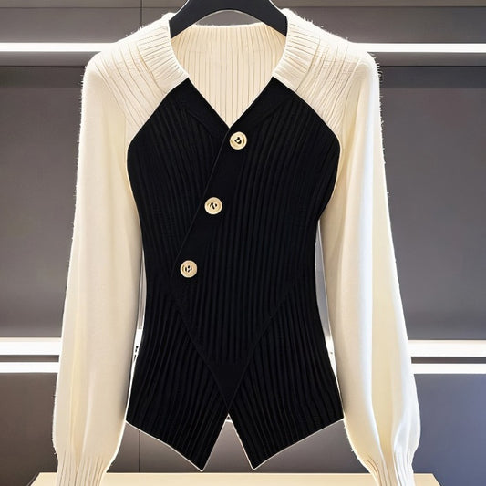 v Collar Knitted Top