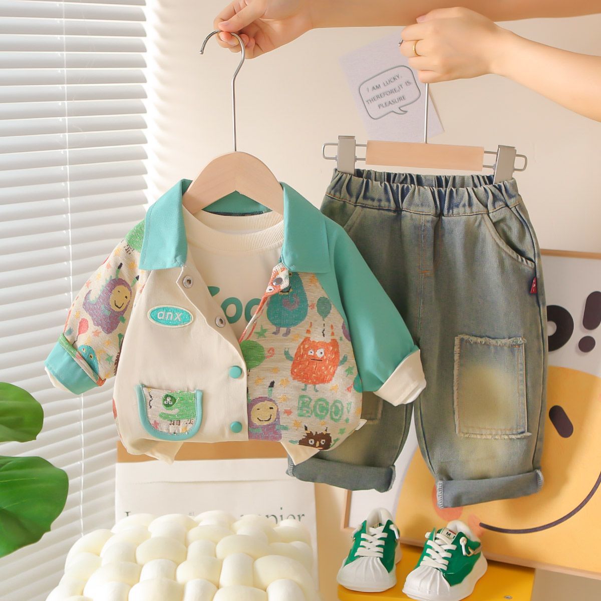 P new baby children Korean version baby spring and autumn long-sleeved cute animal jacket three-piece set