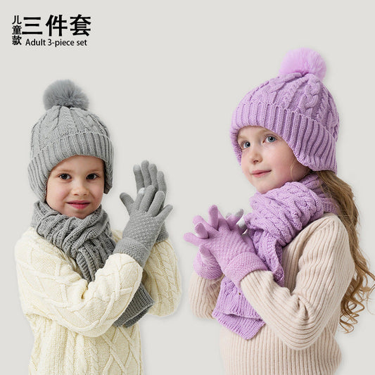 A children's hats, scarves and gloves three-piece set wool inside