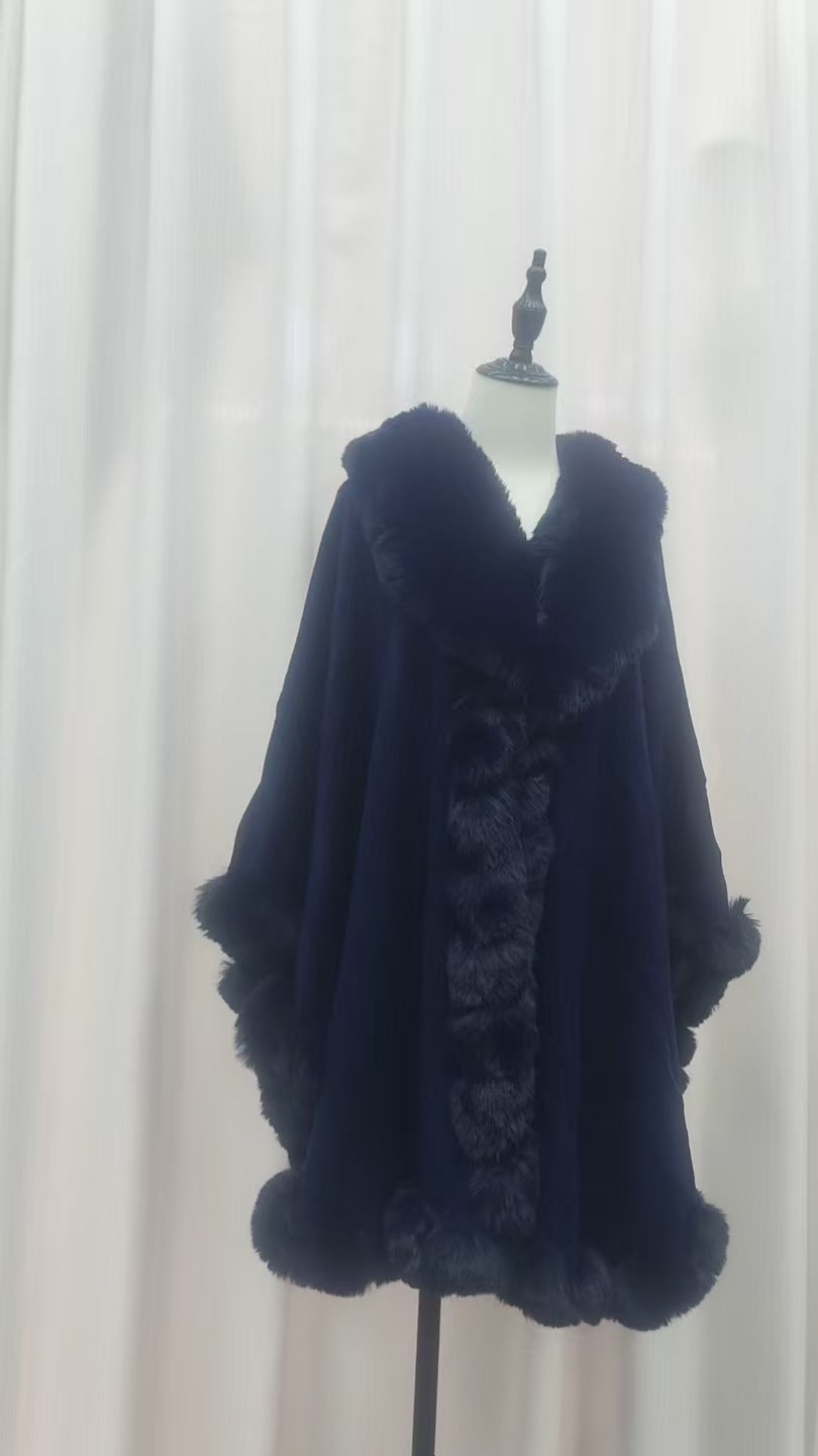 A Rabbit fur large lapel handmade wool cross-border European and American knitted imitation cashmere cardigan large size shawl cape
