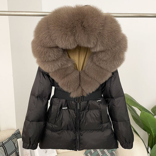 A fur collar hooded white duck down jacket