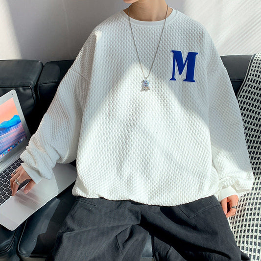 B2-m11 Autumn crew neck waffle sweater men's and women's loose casual letter embroidery Hong Kong style long sleeves without hat with clothes inside - Mixbatch