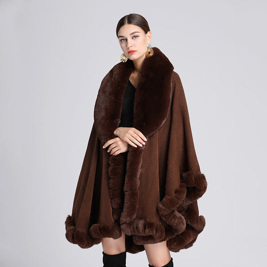 A European and American autumn and winter new imitation Rex rabbit fur collar cape large size knitted cardigan loose coat women