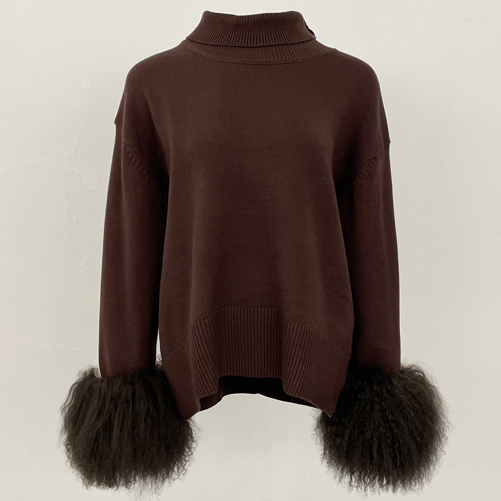 A popular thickened knitted sweater autumn and winter new loose high-necked real fox cuff sweater women