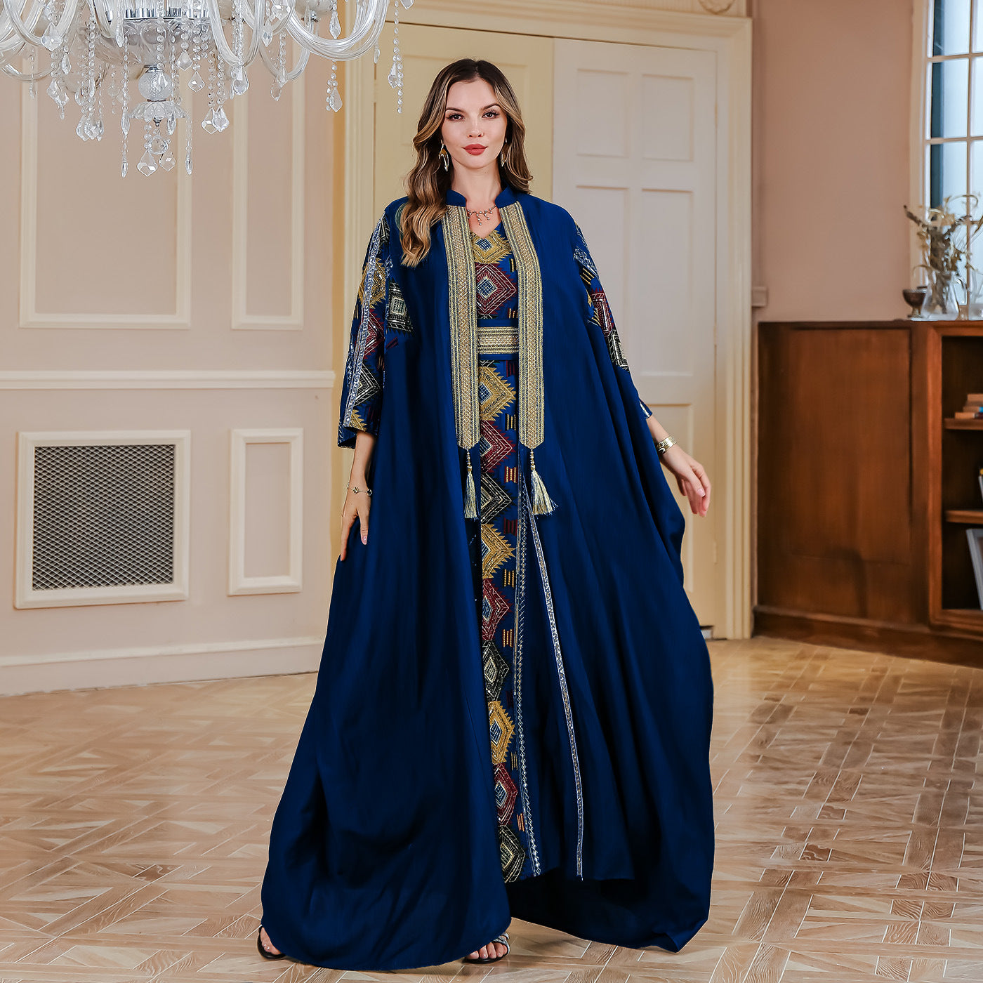 A two-piece dress with embroidered robes