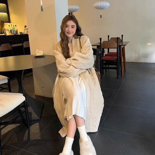 A Eco-friendly fur jacket women's new furry twist mink fleece over the knee loose winter cardigan coat