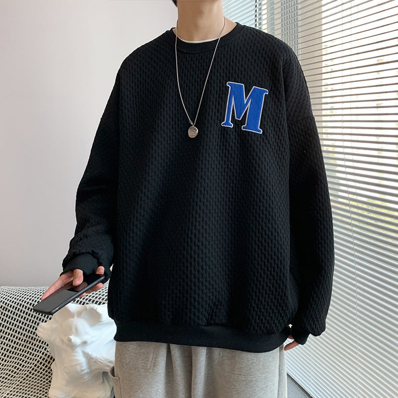 B2-m11 Autumn crew neck waffle sweater men's and women's loose casual letter embroidery Hong Kong style long sleeves without hat with clothes inside - Mixbatch