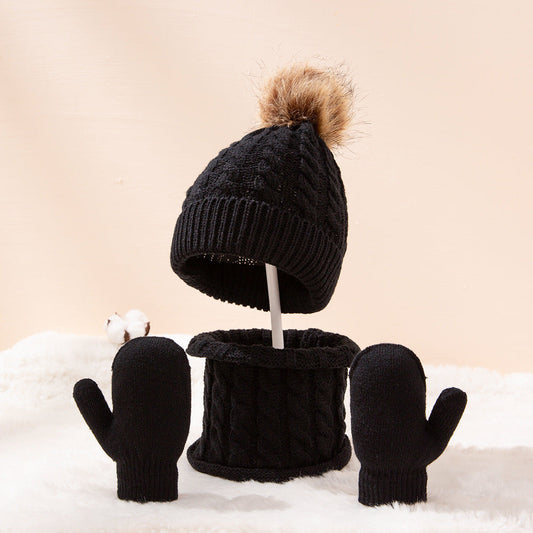 A new wool monochrome twist warm children's hat scarf gloves two or three-piece set