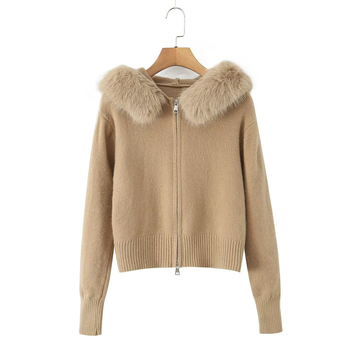 A Fake fur collar hooded long-sleeved zip-up cardigan knitted sweater jacket