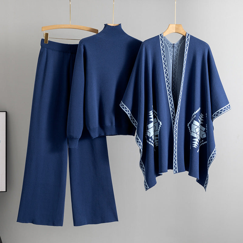 A knitted sweater shawl cape jacket three-piece set