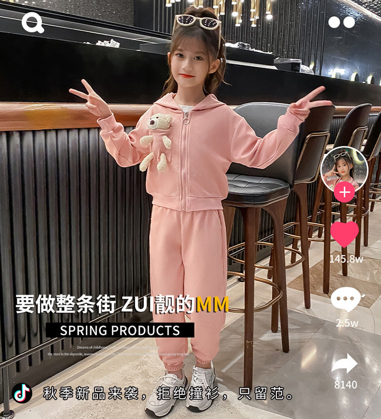 A children's clothing girls' suit autumn clothing medium and small children's long-sleeved hooded bear jacket casual pants children's sportswear two-piece set