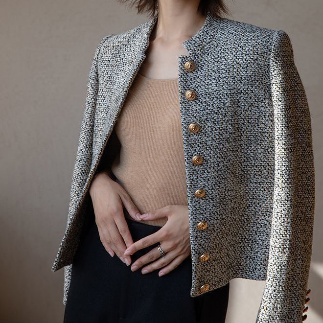 A Spring and Autumn new retro small fragrant tweed rice camel temperament fashionable and thin high-end short coat