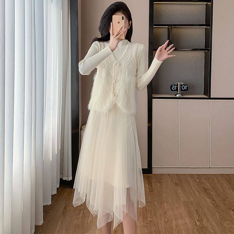 P knitted vest mesh dress two-piece set