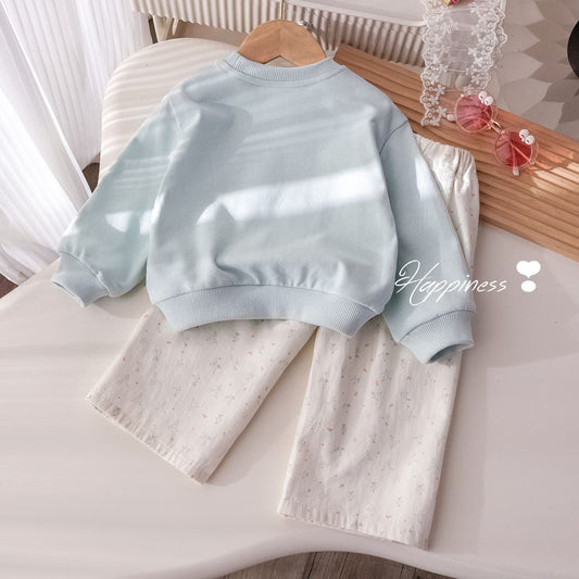 P girls spring and autumn new suit sweet and cute embroidered patch sweater foreign style floral loose straight pants two-piece set