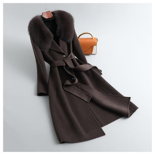 P double-sided woolen imitation cashmere woolen coat new Korean version fox big fur collar long slim wool coat