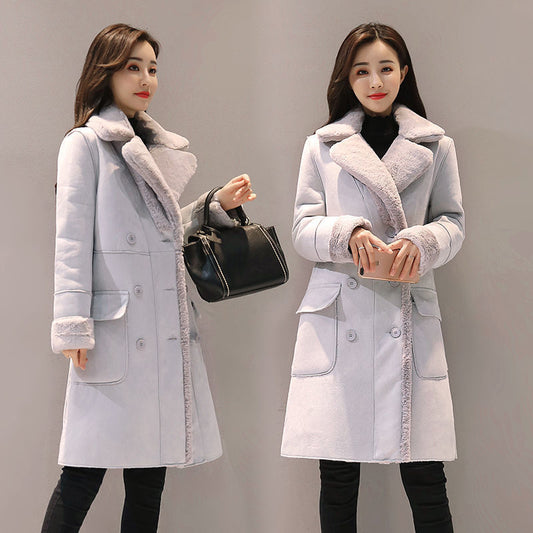P lamb wool coat women's Korean version winter velvet thickened suede coat medium and long fur integrated lapel cotton-padded coat