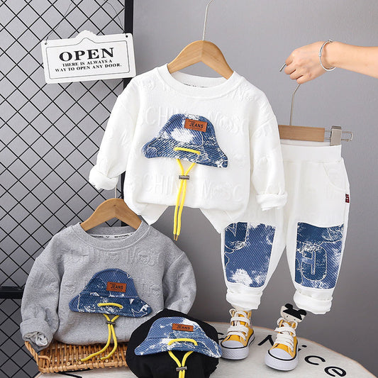 P boys and girls long-sleeved two-piece sweater spring and autumn new handsome baby clothes foreign children's autumn clothes suit children