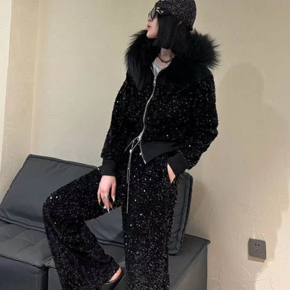 P new thickened autumn and winter casual velvet set heavy industry high waist loose casual sequins shiny and popular sweet and spicy