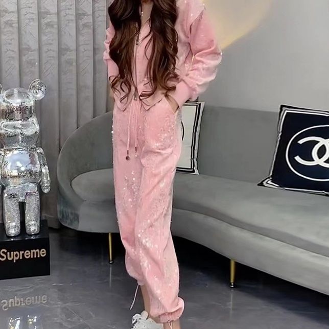 A Heavy Industry Velvet Sequin Double Pull Lock Foreign Style Age Reduction Skinny Top Plus Pants Suit Women