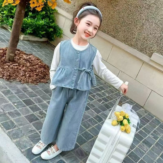 P girl suit denim new children's baby foreign fashionable vest spring