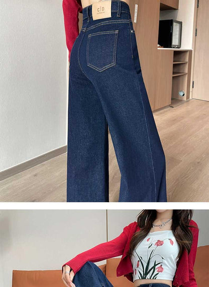 Denim Blue Straight-Leg Jeans for Women Spring Summer High Waist Stretchy Draped Wide-Leg Pants
