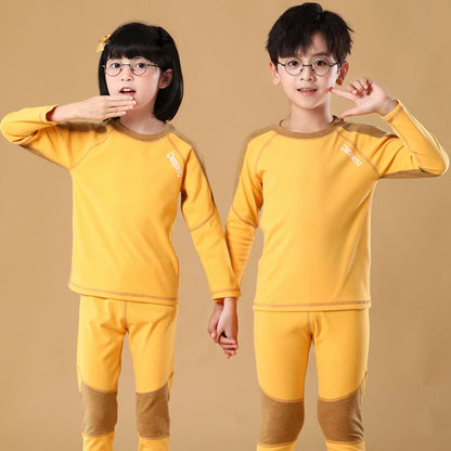 P children's long johns and long johns double-sided velvet boys and girls velvet pajamas autumn and winter teenagers antibacterial thermal underwear set