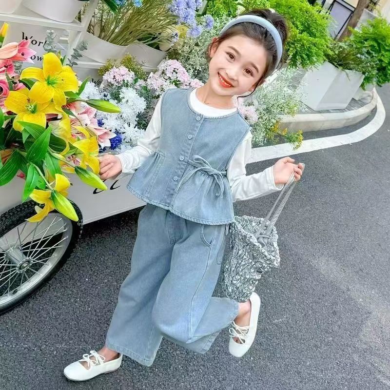 P girl suit denim new children's baby foreign fashionable vest spring