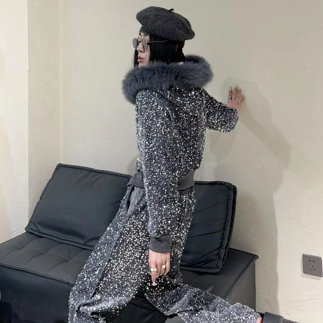 P new thickened autumn and winter casual velvet set heavy industry high waist loose casual sequins shiny and popular sweet and spicy