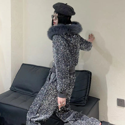 P new thickened autumn and winter casual velvet set heavy industry high waist loose casual sequins shiny and popular sweet and spicy