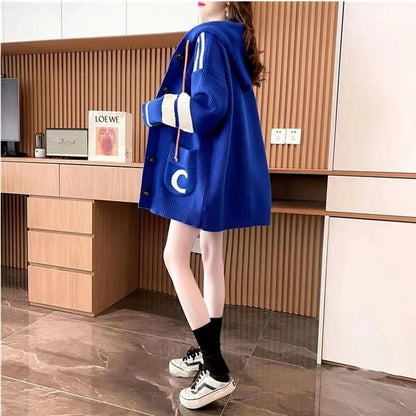 P Lazy Wind Hooded Sweater Cardigan Women's Medium and Long Korean Version