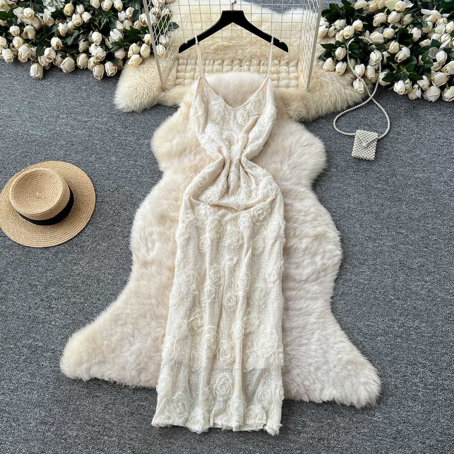 P light luxury celebrity high-end three-dimensional flower sequin dress women's summer French waist slim-fitting hip-wrapped long skirt