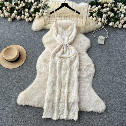 P light luxury celebrity high-end three-dimensional flower sequin dress women's summer French waist slim-fitting hip-wrapped long skirt