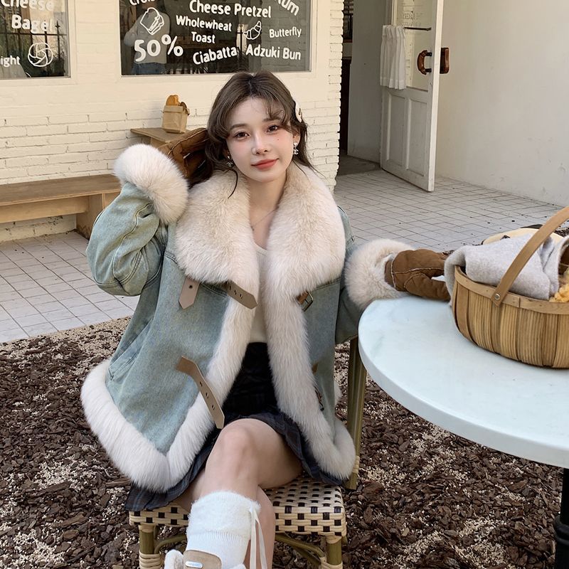 P fur neck denim jacket