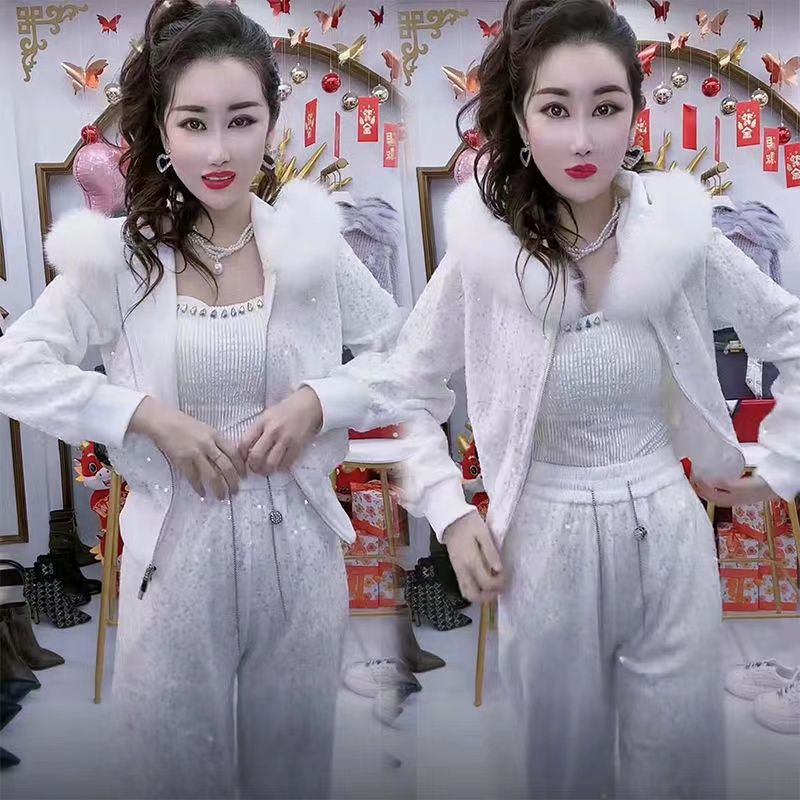 P wearing galaxy outer wear European new French heavy industry sequins winter hooded fashion two-piece set high-end