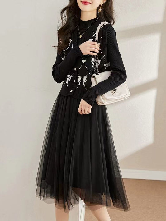 P knitted vest mesh dress two-piece set