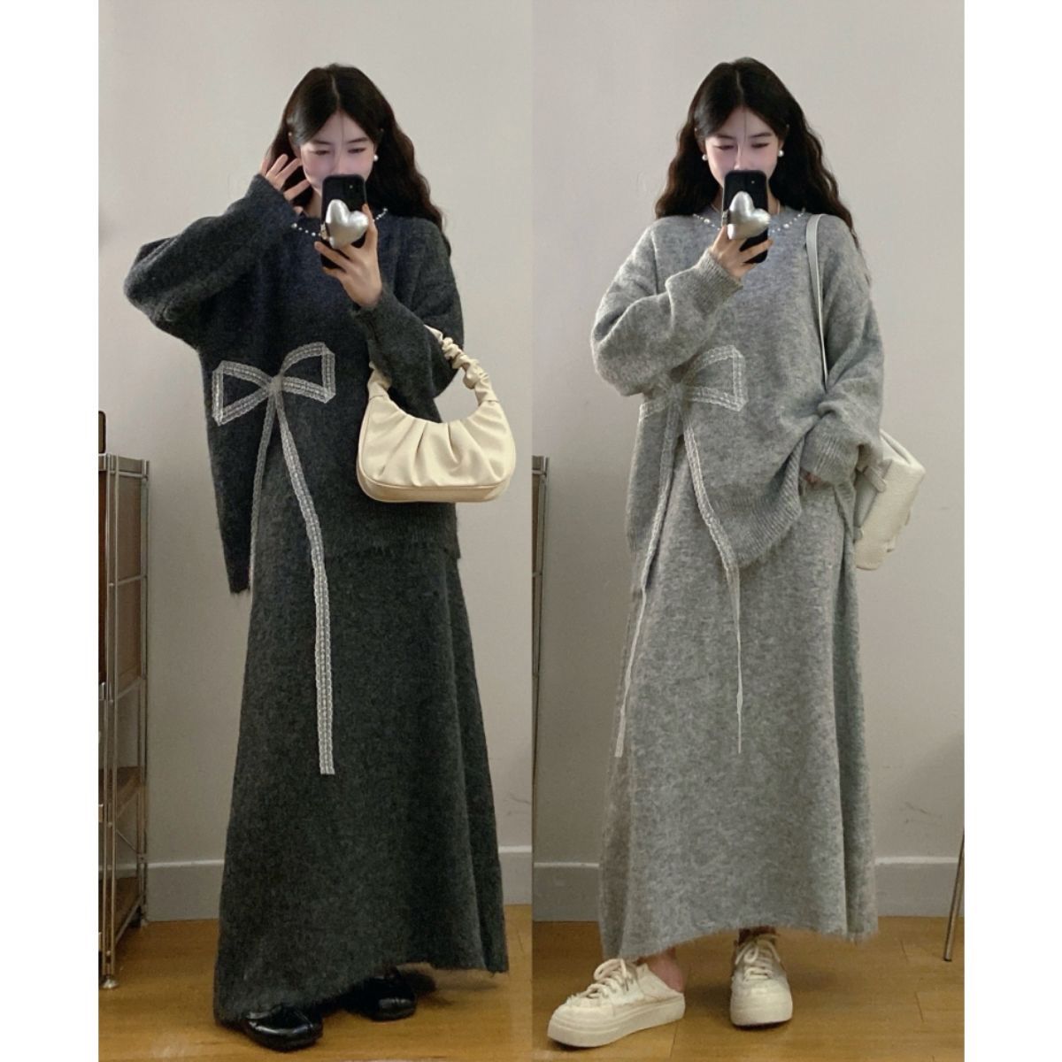 P bow sweater skirt two-piece set