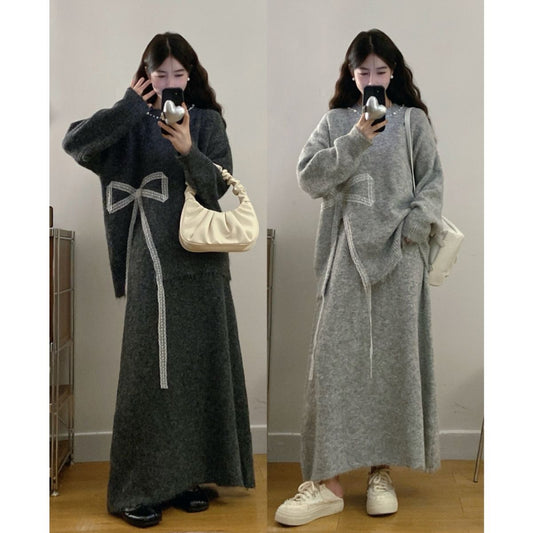 P bow sweater skirt two-piece set