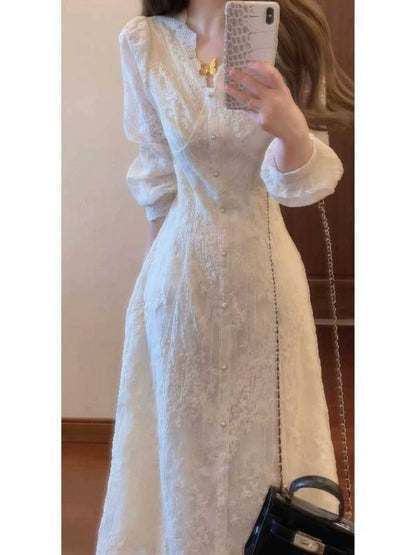 P French gentle wind super good-looking V-neck lace long-sleeved dress small man unique beautiful waist dress