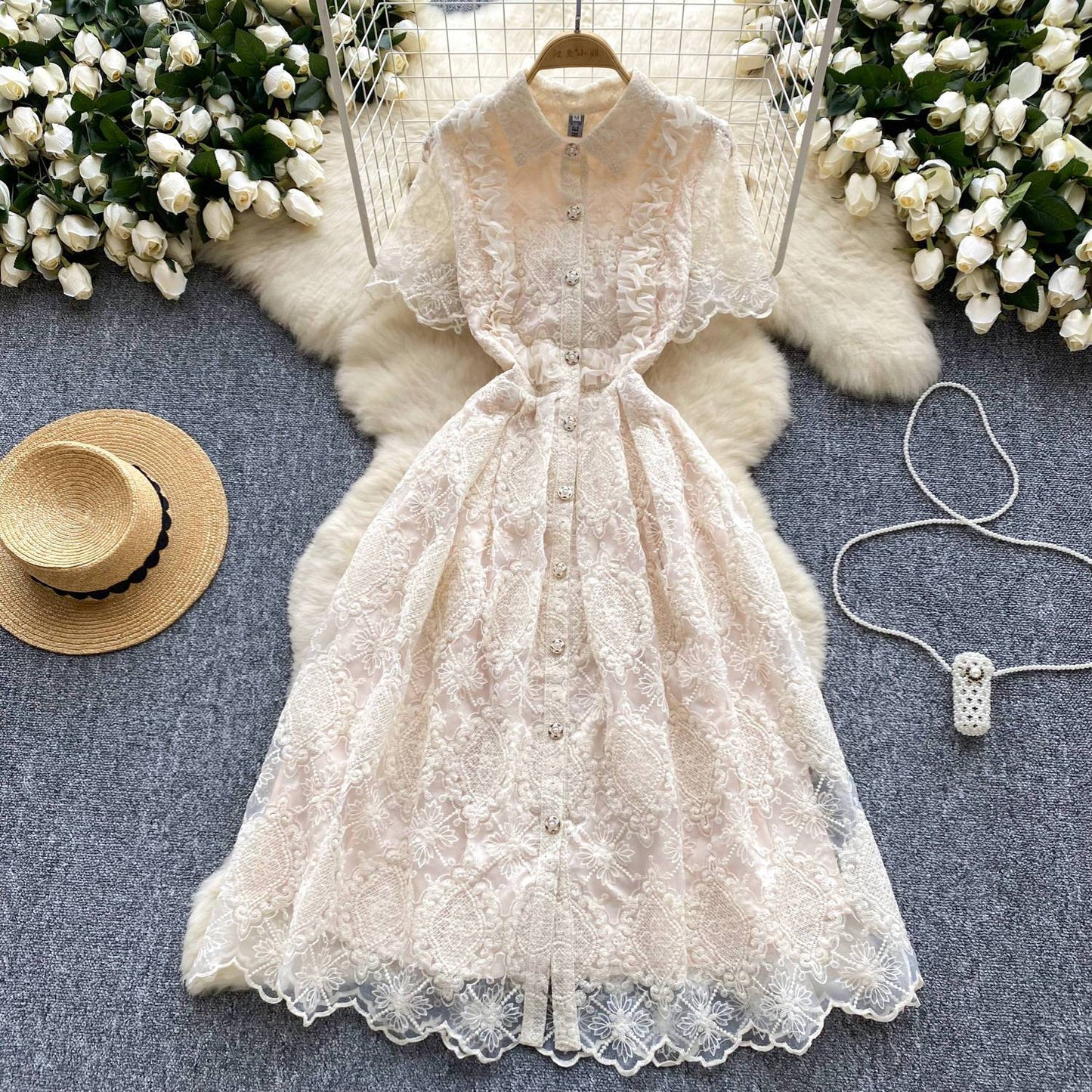 P French retro elegant heavy industry lace embroidery lapel single-breasted waist slim temperament dress...