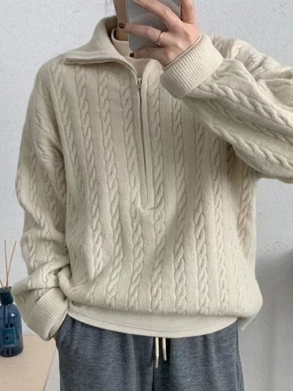 P Korean version of Korean chic autumn and winter thick knitted top women's retro twist half zipper lazy versatile sweater jacket