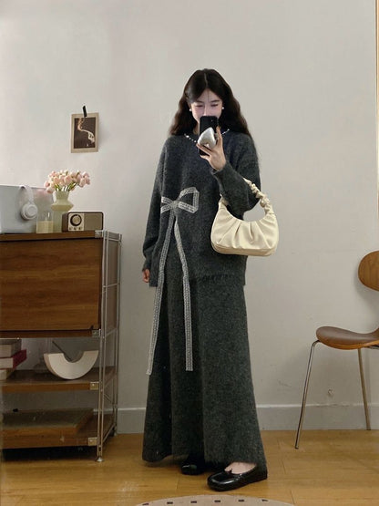 P bow sweater skirt two-piece set